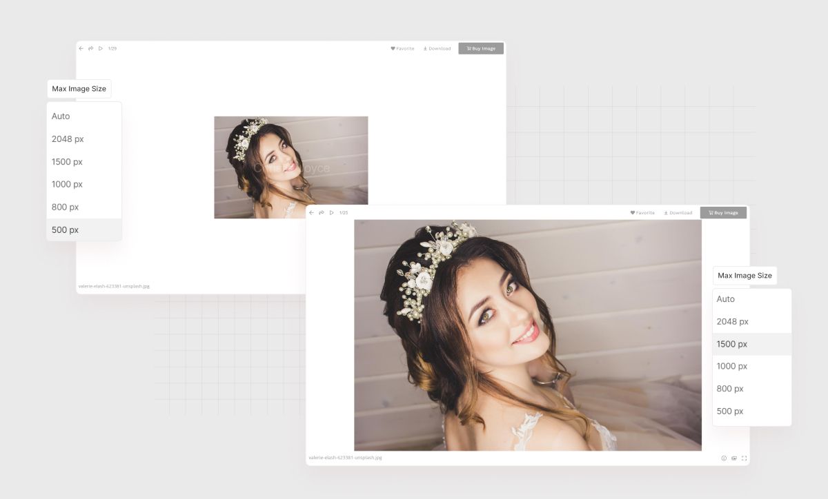 Параметры размера изображения для отображения в лайтбоксе для улучшения работы с галереей клиента.