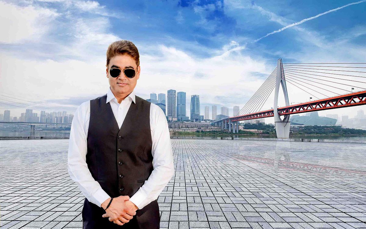 Marble platform in front of the city skyline