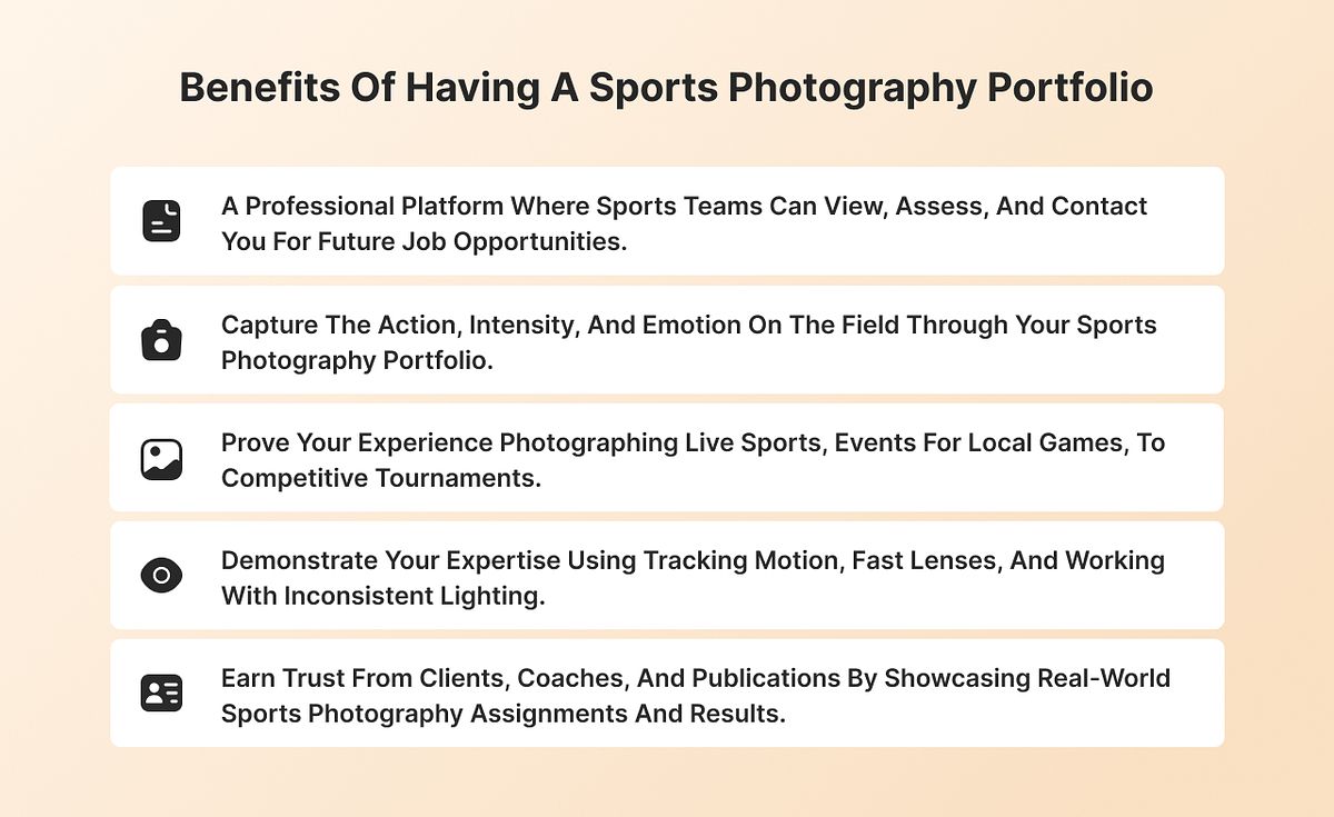 Infografica che mostra i vantaggi di avere un portfolio di fotografie sportive