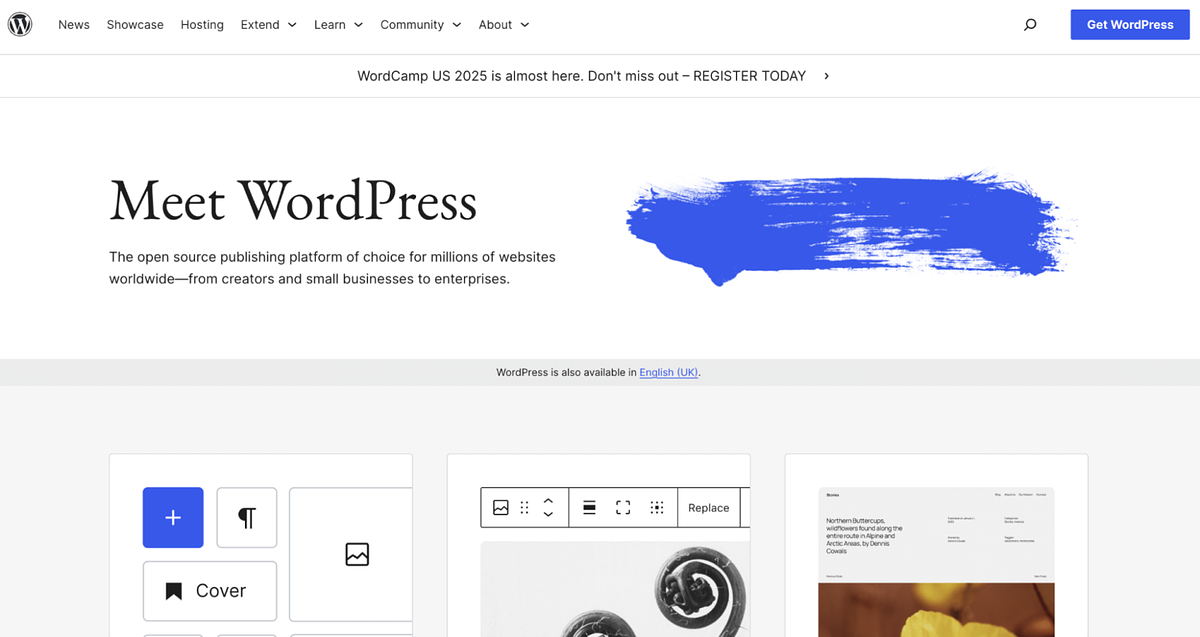WordPress website builder home page