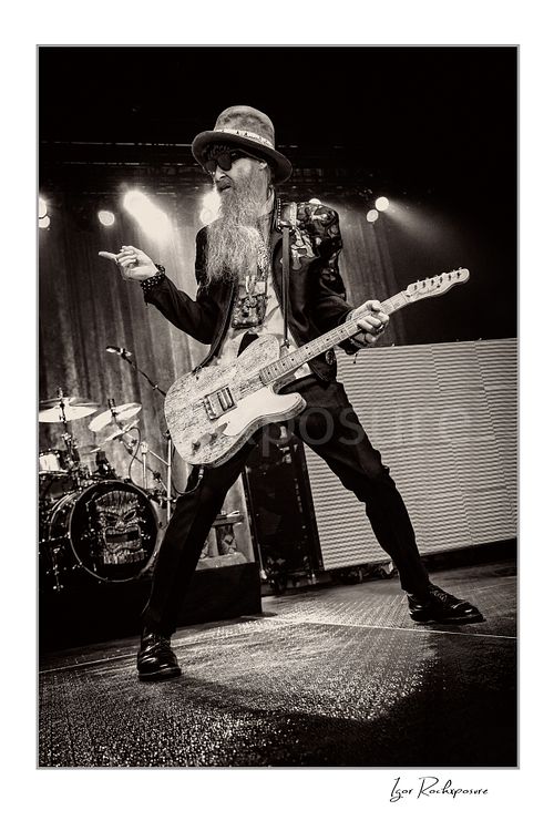 Vertical black and white image of Billy Gibbons of ZZ Top performing live on stage with a Telecaster guitar, pointing outward in a wide-legged pose under bright concert lights