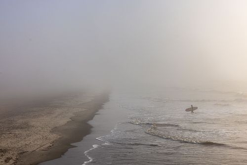 Surfer In The Ocean on a Foggy Shoreline